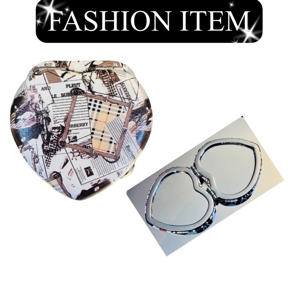 COMPACT MIRROR: Heart-Shaped White, Black, Beige, & Red w/Newspaper Design, NWOT